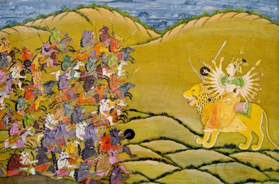 Marwar malba: Démoni se připravují na bitvu proti bohyni Durga, palácové muzeum Mehrangarh Fort, Jodhpur, Rádžasthán, Indie od Unknown