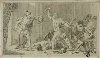 Perseus konfrontující Phinease a jeho následovníky s hlavou Medúzy od Unknown