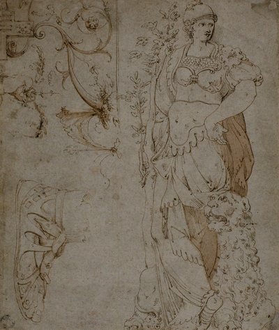 Tři skici: Odvaha, sandál a grotesky (recto); Náčrtky grotesek a římský kyrys (verze) od Unknown