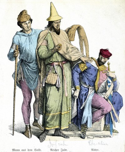 Kostýmy 11. století: bohatý Žid a rytíř - rytina od Unknown artist
