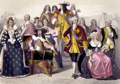 1610 až 1774. Marie Medicejská, Ludvík XIII., Ludvík XV., Marie Antoinetta a Ludvík XVI. Rytina 19. století. od Unknown artist