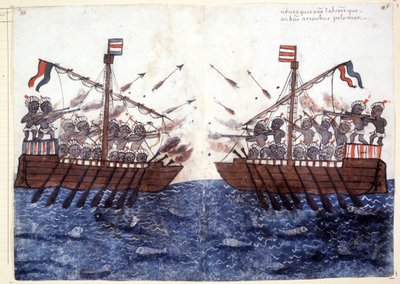 Rytina z 16. století zobrazující setkání s pirátskou lodí v Indickém oceánu. Římská biblioteca Casantense. od Unknown artist