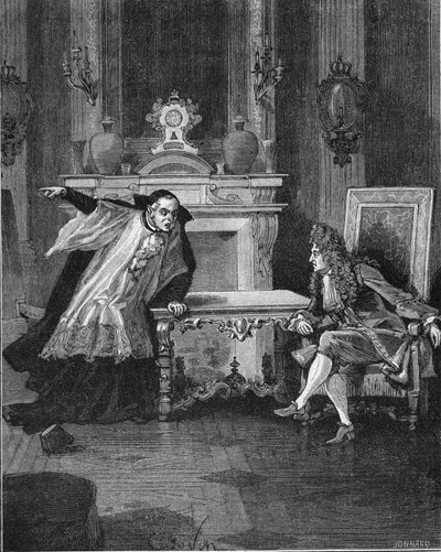 1715: Francouzský král Ludvík XIV. (1638-1715) slyšel slova otce Michela Le Telliera (1643-1719), svého jezuitského zpovědníka. Rytina 19. století. V „Histoire de France“ od Julese Micheleta od Unknown artist