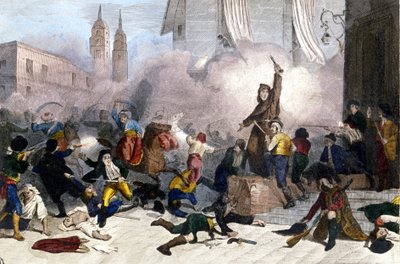 5.2.1808: Madridské povstání proti francouzskému ovládnutí Španělska. Rytina 19. století od Unknown artist