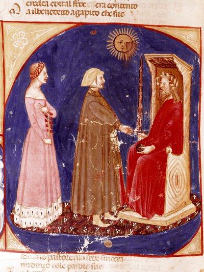 2. nebe: Dante a Beatrice čelí římskému císaři Justiniánovi v 1. nebi ráje. Osvětlená stránka ilustrující píseň Paradise z „Divina Commedia“ od Dante Alighieriho (1265-1321). 14. století, Benátky, Biblioteca Marciana od Unknown artist