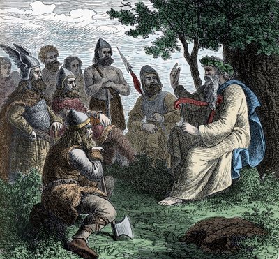 Bard recitující seveřanům - Vikingská civilizace: Bard Druid recituje poezii válečníkům, 8.-9. od Unknown artist