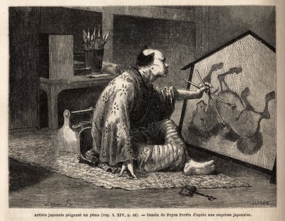 Japonský umělec malující yema (legendární malba koní). Rytina pro ilustraci plavby do Japonska v letech 1863-1864 od Aime Humberta, ministra Švýcarské konfederace, v „“Le tour du monde, nouveau journal des voyages““ vydaném pod vedením od Unknown artist