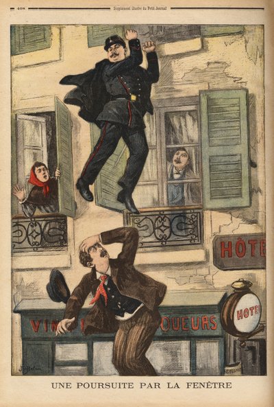 Montreuilský policista se neváhá vrhnout z okna, aby pronásledoval zloděje, který právě skočil, aby unikl svým pronásledovatelům. Rytina v „“ Le petit journal“ 17/12/1899. Kolekce Selva. od Unknown artist