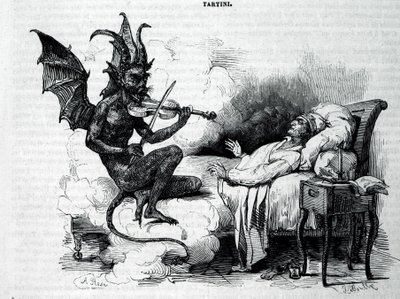 Satyre hrající na housle před Giuseppem Tartinim (1692 - 1770), italským skladatelem, houslistou a teoretikem. Rytina 19. století. od Unknown artist