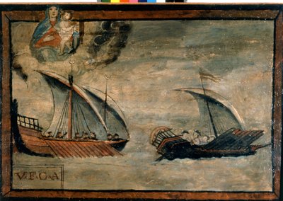 Turecká galéra pronásleduje galéru z Neapolského království. Ex-voto 17. století. Kostel Madonna dell