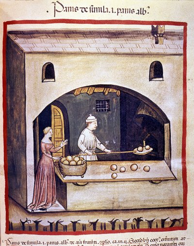 Pekař připravuje bílý chléb a krupicový chléb. Osvětlení z dojení medicíny a dietetiky „“Tacuinum sanitatis““ od Unknown artist