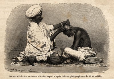 Holič pracující v ulicích Kalkaty. Rytina k ilustraci plavby v poledních provinciích Indie, od Alfreda Grandidiera, v letech 1862-1864, publikovaná v „” le tour du monde””, editoval D