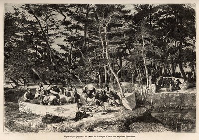 Buržoazní piknik (nebo piknik) na předměstí Edo (dnešní Tokio), uvnitř látkové ohrady, hosté, obvykle dvě rodiny) sdílejí jídlo a často vhodný pro příležitost pro hudebníky, tanečníky a pantomimy. Rytina pro ilustraci voyag od Unknown artist