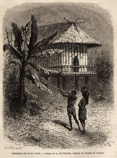 Pár Indů z Rio Verde (Brazílie), muž se svým sarbacanem, před typickým domem na kůlech. Rytina k ilustraci plavby do Nové Granady, od Dr. Saffraye, v roce 1869, publikovaná v “”Le tour du monde”””” 1873, editoval Edouard Charton, e. od Unknown artist