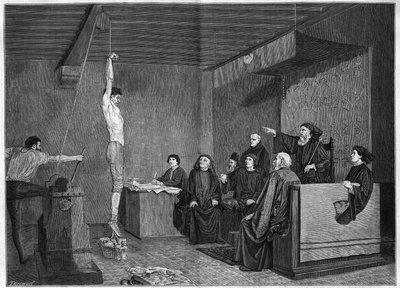 Soud v 15. století - výslech. Otázka je zavěšena se závažím na chodidlech. Rytina podle obrazu Adolpha Steinheila (1850-1908) prezentovaného na Salon de 1875. od Unknown artist