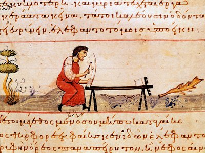 Řemeslník pracující se slonovinou. Miniatura z loveckého řemesla "" The Cynegetics "" od Oppiana (Oppian nebo Oppianus) ze Sýrie (3. století našeho letopočtu) věnovaná Caracallovi. Benátky 11. století. Knihovna Marciana od Unknown artist