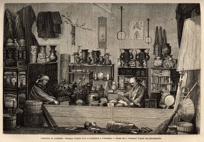 Podnik kuriozit v Jokohamě. Rytina pro ilustraci plavby do Japonska od Aime Humberta, ministra Švýcarské konfederace, v letech 1863-1864, publikovaná v „”Le tour du monde””” 1869, editoval Edouard Charton, vydání Hachette, Paříž. Selva Collect od Unknown artist