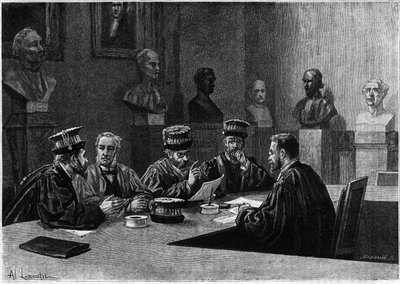 Jejich obhajoba z lékařské fakulty Latinské čtvrti v Paříži. Rytina v „Le journal de la jeunesse““ od Unknown artist