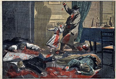 Rodina zavražděná: vražda Leblondovy rodiny Caillardem, silovou jednotkou, v Nassandre, poblíž Bernay. Ilustrace v “” le Pelerin”” z 10. dubna od Unknown artist