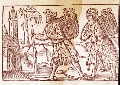 Rodina Norů cestující na lyžích. Rytina Olause Magnuse (1490 - 1557), švédského náboženského a geografa, „Historia de Gentis Septentrionalibus“, Benátky od Unknown artist