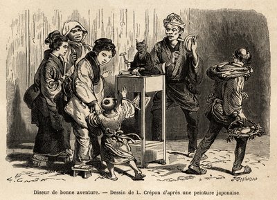 Kartářka v ulicích Eda (nyní Tokio). Rytina pro ilustraci cesty do Japonska od Aime Humberta, ministra Švýcarské konfederace, v letech 1863-1864, publikovaná v „“le tour du monde“ pod vedením Edouarda Chartona, Hachette, Pari od Unknown artist