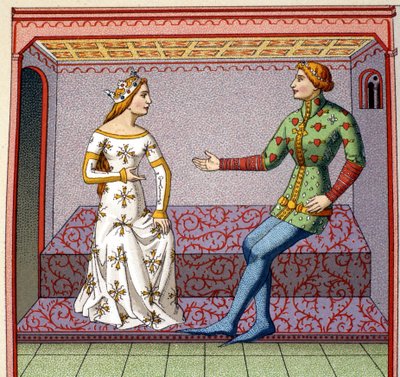 Galantská scéna ve středověku: mladý muž se dvoří princezně. Faux College po rukopisu. 19. století. od Unknown artist