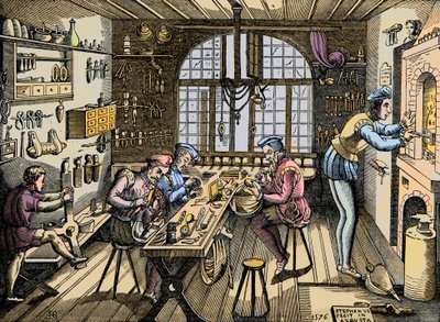 Zlatnická dílna - Řemeslo: pohled na dílnu od Etienna Delauna (1518-1583), zlatníka, francouzského tiskaře. Rytina podle originálu z roku 1576. Dílna Etienna Delaulna, zlatníka v Paříži od Unknown artist