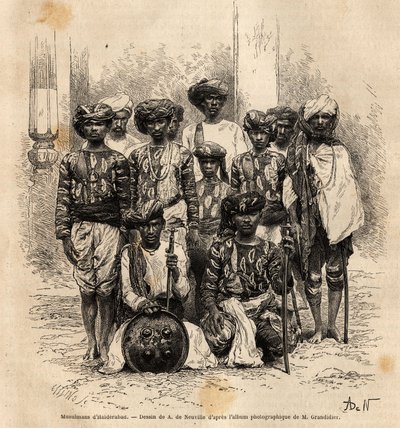 Skupina muslimských mužů v Haiderabad, Pákistán. Rytina pro ilustraci plavby v poledníkových provinciích Indie od Alfreda Grandidiera v letech 1862-1864, publikovaná v „” le tour du monde””, pod vedením D