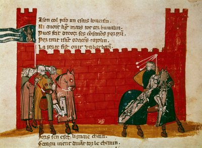 Skupina rytířů opouštějící miniaturní hrad z ""Vchodu Španělska"". Benátky 14. století, Biblioteca Marciana od Unknown artist