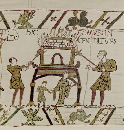 Dům je vypálen Normany, Bayeux Tapestry (vlněná výšivka na plátně) od Unknown artist