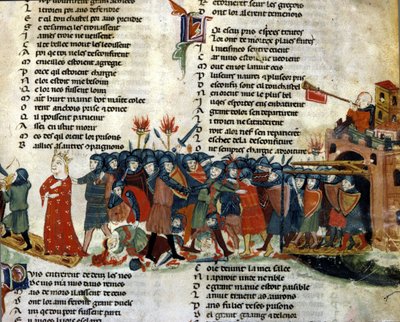 Král je zajat a odvezen nepřátelskou armádou, zatímco oběti bitvy leží na zemi. Miniatura „Roman de Troy““ od Benoita de Saint Maure. Biblioteca Marciana ze 14. století, Benátky od Unknown artist