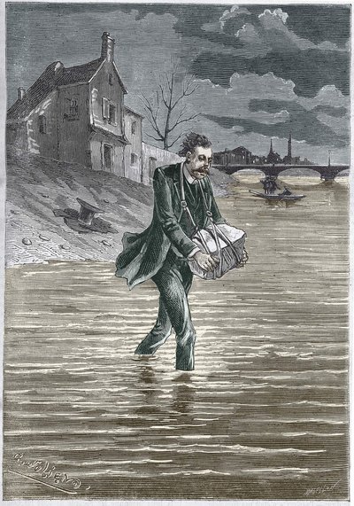 Muž, který se zabije tím, že se hodí do vody, kámen kolem krku, aby se utopil - rytina od Unknown artist