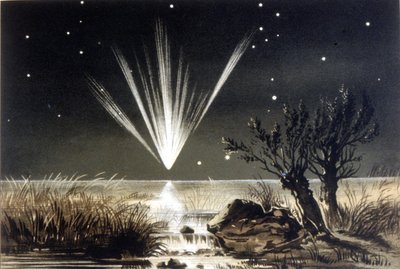 Meteorit padající do moře. Barevná litografie z konce 19. století od Unknown artist