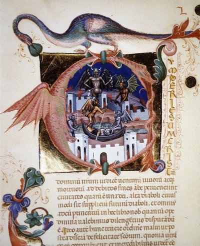 Miniaturní písmeno „A“ “, které představuje město ďábla. Rukopis ze 14. století „“ De Civitate Dei “ od svatého Augustina. Městská knihovna Rimini od Unknown artist