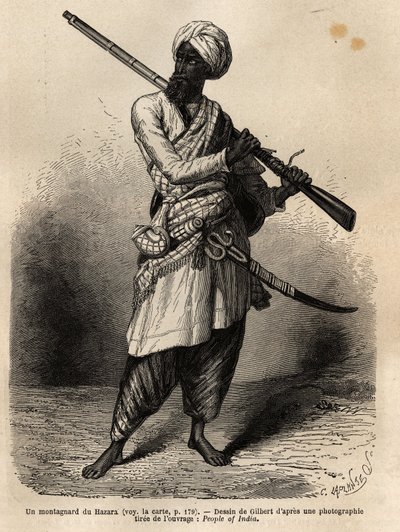Horolezec z Hazara (Paňdžáb, Indie). Rytina k ilustraci plavby do Pandžábu a Kašmíru, příběh Guillauma Lejeana, v roce 1866, publikovaný v „Le tour du monde, nouveau journal des voyages“, pod vedením Edouarda Chartona od Unknown artist