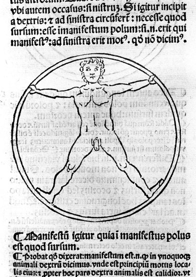Stránka "Filozofie chudých" od Albert Veliký (= Albert Magnus 1206 - 1280). Ilustrace zobrazující muže v kruhu. Brescia 1493 od Unknown artist