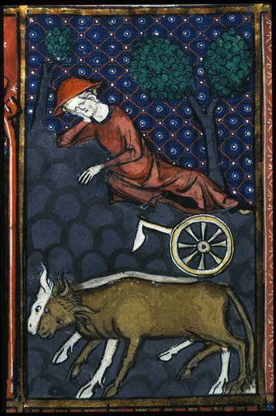 Sedlák odpočívající, vedle něj voli a miniaturní pluh ze 14. století. od Unknown artist