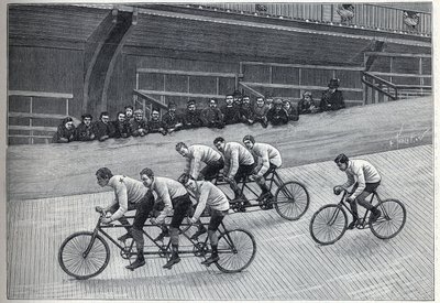Rekordman cyklista se svými trenéry na trojitých vlacích na cyklistické dráze. Gravírování do ""La Nature"" od Unknown artist