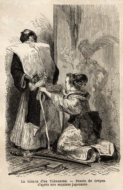 Záchod samuraje, mladá služebná jí pomáhá uvázat kimono. Rytina pro ilustraci plavby do Japonska v letech 1863-1864 od Aime Humberta, ministra Švýcarské konfederace, v „“Le tour du monde, nouveau journal des voyages““ vydaném pod vedením od Unknown artist