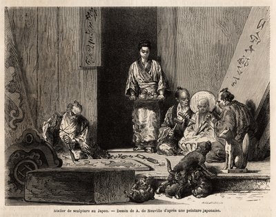 Sochařská dílna v Yedo (nebo Edo, dnešní Tokio), prořezávání žuly pro výrobu sloupů, sošek, svícnů a náhrobků, jakož i řezbářství, pro výrobu oltářních desek, dekorativních dřevěných výrobků, rakví a chimérických figurín od Unknown artist