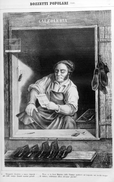 Švec v 19. století: Kdybychom příliš vysoko zdanili podpatky, kolik vysokých mužů by se stalo malými... od Unknown artist