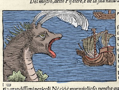 Vorvaň (?) (physeter) zaútočí na loď. Rytina Olause Magnuse (1490 - 1557), švédského náboženského a geografa, „Historia de Gentis Septentrionalibus“, Benátky od Unknown artist