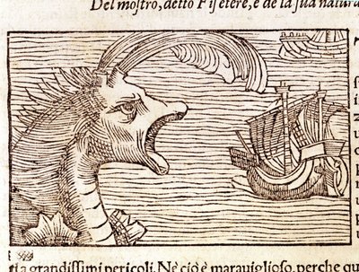 Vorvaň (?) (physeter) zaútočí na loď. Rytina Olause Magnuse (1490 - 1557), švédského náboženského a geografa, „Historia de Gentis Septentrionalibus“, Benátky od Unknown artist
