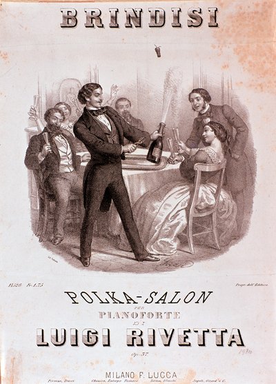 Scéna s přípitkem. Ilustrace partitury Brindisi polka od Rivetty od Unknown artist