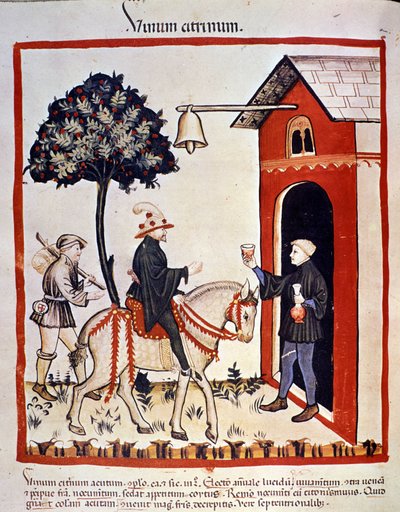 Cestovatel je vítán v hostinci a je mu nabídnuta sklenka vína. Osvětlení z dojení medicíny a dietetiky „“Tacuinum sanitatis““ od Unknown artist