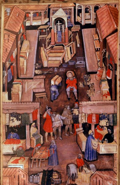 Procházka: soukeníci, krejčí, obchodníci s oděvy ve francouzském městě. Nahoře stavba miniaturního kostela z rukopisu z 15. století Paris, B.N. od Unknown artist