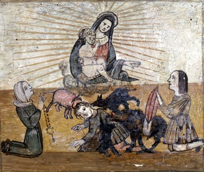 Mladý chlapec napaden skupinou divokých prasat (divočáků). Ex voto ze 16. století svatyně Madonna del Monte u Ceseny (Forlí). od Unknown artist