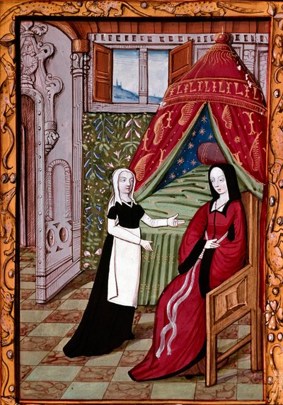 Mladá žena pravděpodobně Louise Laval (zemřela 1480) ve své ložnici se svým Miniaturním sluhou převzatým z „“ Histoire de Jean III de Brush et de sa femme Louise de Laval“““ (ms. 1475, fol. 10r) Chantilly, musee Conde od Unknown artist
