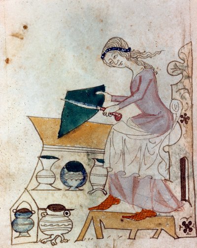 Mladá žena brousící nůž. Miniatura převzatá z provensálského rukopisu typu „“Dis des philosophes““ (MS Palat. 586) Biblioteca Nazionale Florence ze 14. století od Unknown artist