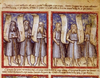 Po Adamově genealogii následují Seth, Enoch (Enoch nebo Enosh), Kenan, Mahalalel (Mahalalel) a Jared (nebo Jared), velcí patriarchové Miniaturní Bible. Academy of Concord od Unknown artist
